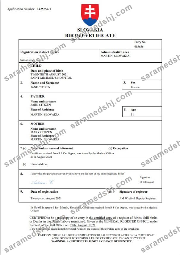 Slovakia birth certificate Word and PDF template